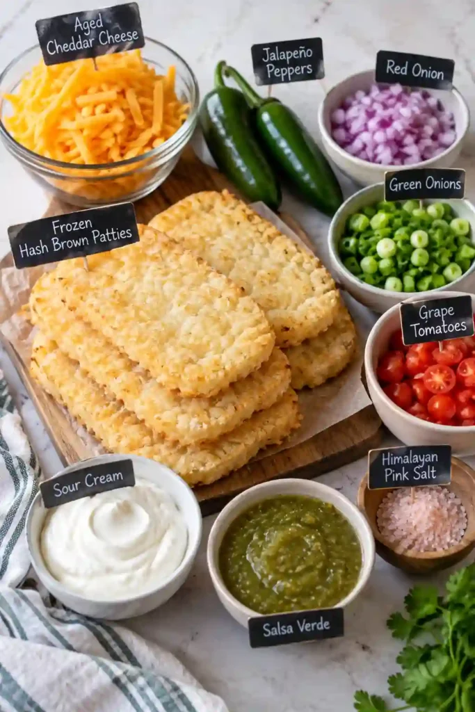 Crispy loaded hash browns topped with melted aged cheddar, sliced jalapeño, red onion, green onion, and diced tomatoes. Sour cream and salsa verde finish each golden hash brown patty for a colorful breakfast.