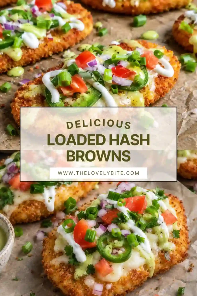 Cheesy hash browns baked until golden and topped with fresh tomatoes, green onions, red onion, jalapeño, sour cream, and salsa verde. These crispy hash brown patties make an easy breakfast or brunch.
