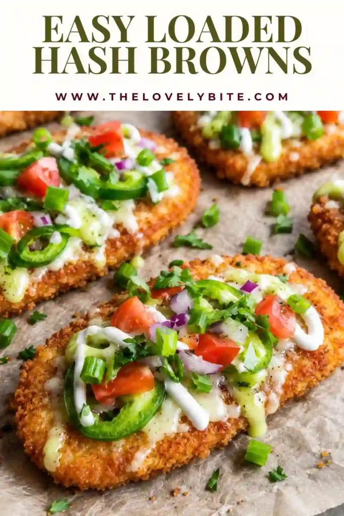 Golden breakfast hash brown patties covered with melted cheddar and colorful fresh toppings. Jalapeño, diced tomatoes, onions, sour cream, and salsa verde add fresh, tangy flavor to these loaded hash browns.
