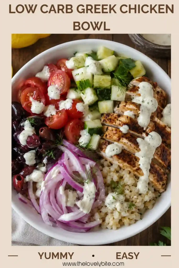 A healthy chicken bowl featuring tender Greek-style chicken, seasoned cauliflower rice, fresh vegetables, feta cheese, olives, and creamy tzatziki. The bowl is finished with herbs and lemon.