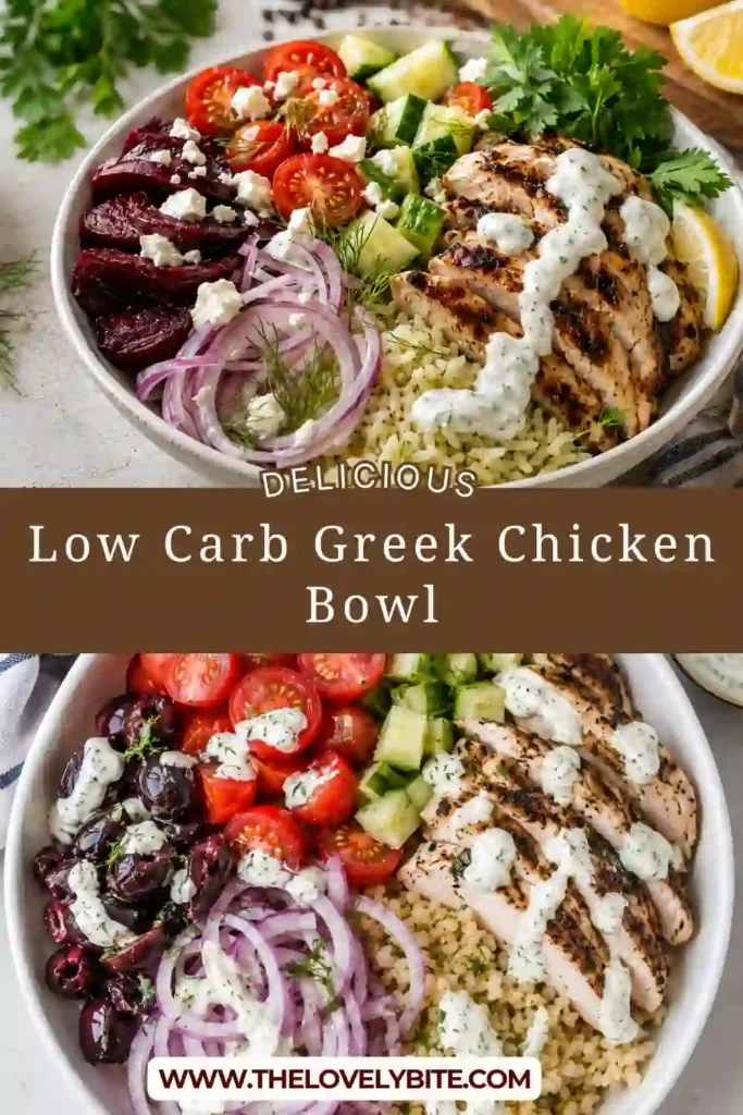 A keto Greek chicken bowl served with cauliflower rice, juicy chicken, cucumber, tomatoes, red onion, olives, feta, and tzatziki. Fresh parsley and lemon wedges complete the dish.