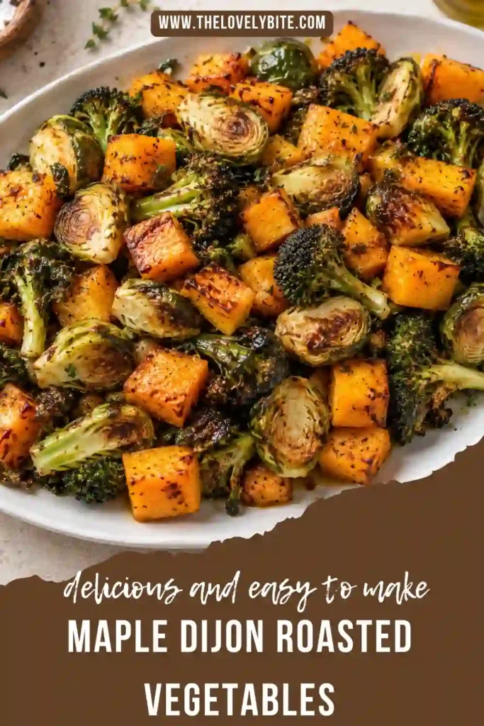 Colorful maple roasted vegetables featuring tender butternut squash, roasted broccoli, Brussels sprouts, and red onion. A sweet and tangy Dijon glaze coats the vegetables.