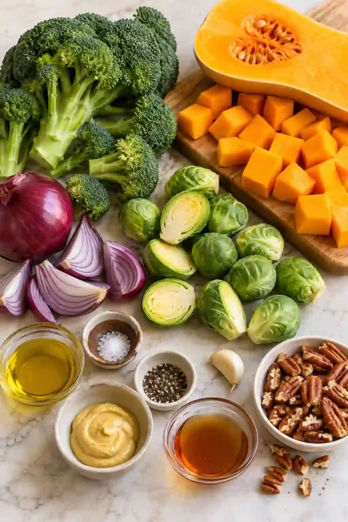 Maple Dijon Roasted Vegetables with caramelized butternut squash, broccoli, Brussels sprouts, and red onion. The vegetables are coated in a glossy maple mustard glaze and finished with toasted nuts.
