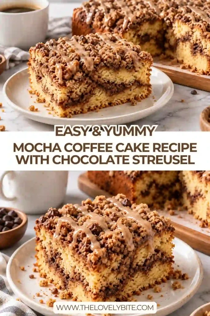 A freshly baked mocha coffee cake topped with chocolate cinnamon streusel and a delicate coffee glaze. The golden cake has a soft, moist crumb and a rich chocolate topping.