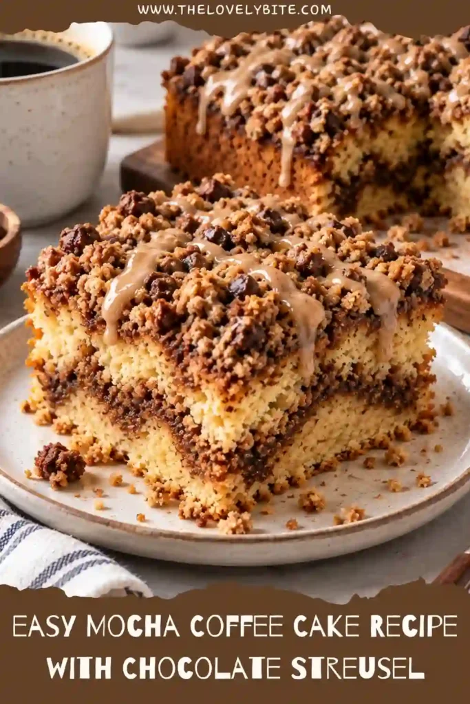 A slice of homemade chocolate coffee cake on a ceramic dessert plate, showing its tender interior and buttery cocoa streusel. Sweet coffee glaze drizzles over the top.