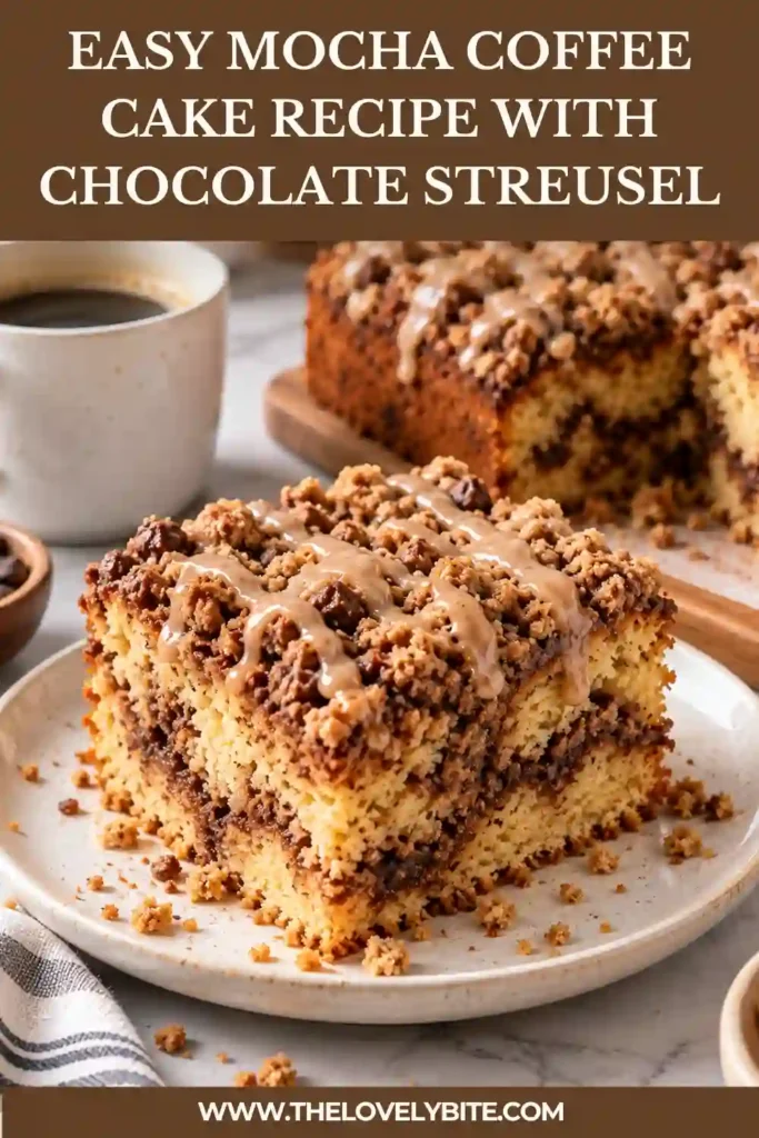 An easy mocha cake with a golden-brown crust, chocolate cinnamon crumb topping, and smooth coffee icing. The freshly baked cake is ready to serve for breakfast or dessert.
