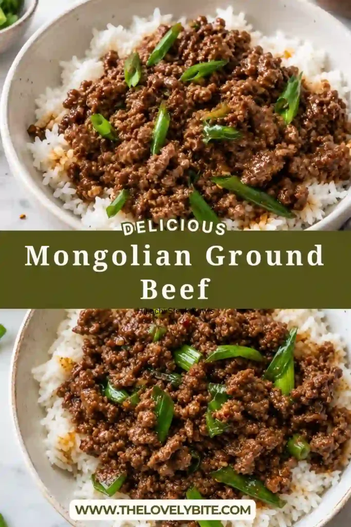 Mongolian Ground Beef and rice served in a bowl with fresh scallions and steamed broccoli. The savory beef is coated in a glossy garlic ginger sauce for a colorful and satisfying dinner.