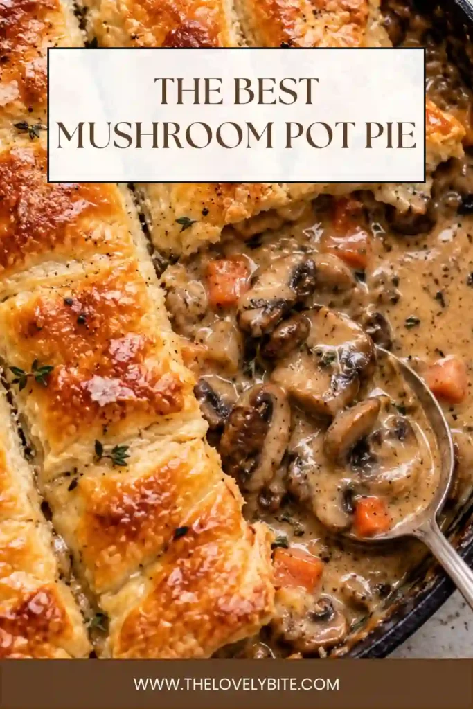 A golden Mushroom Pot Pie baked in an ovenproof skillet with flaky puff pastry covering a creamy mushroom and vegetable filling. The crisp crust is deeply golden and scored with a simple decorative pattern.