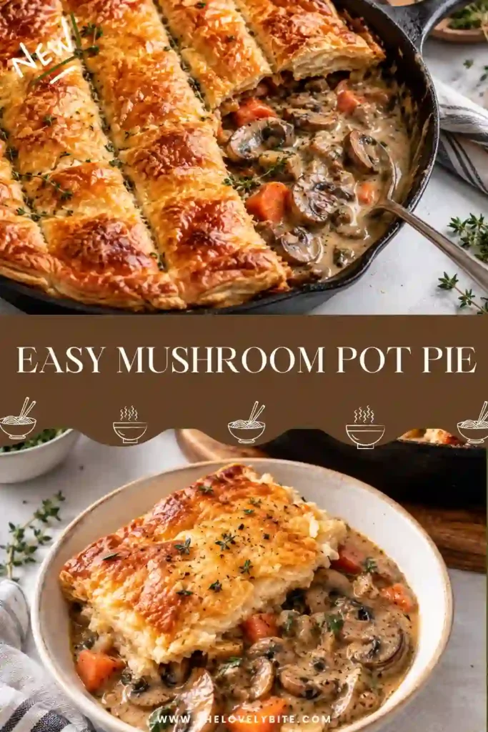 A homemade creamy mushroom pie served warm in a skillet with a golden puff pastry crust. The rustic presentation highlights the rich mushroom filling and crisp pastry topping.