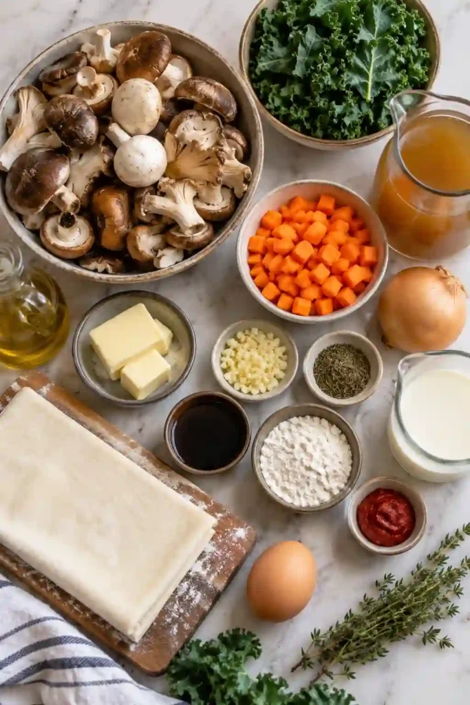An easy mushroom pot pie with a glossy golden puff pastry crust fresh from the oven. The savory vegetarian filling contains mixed mushrooms, carrots, kale, and a creamy sauce.