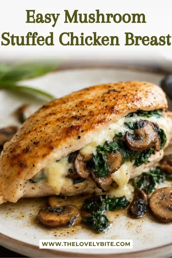 Stuffed chicken breast filled with garlic mushrooms, spinach, and melted cheese on a serving plate. The chicken has a golden seared exterior and juicy center.