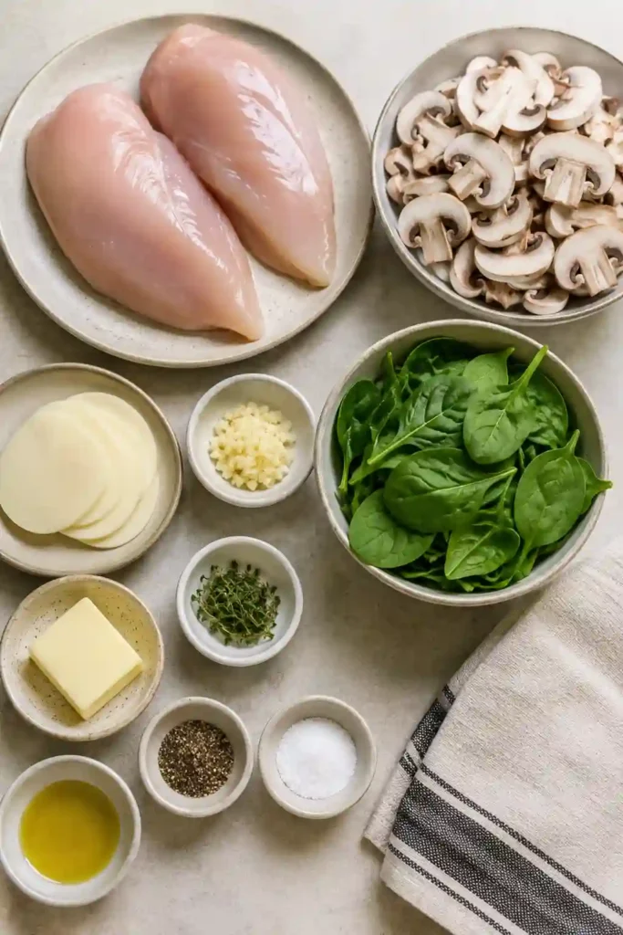 Mushroom stuffed chicken breast sliced open to reveal golden mushrooms, spinach, and melted mozzarella filling. The juicy chicken is browned on the outside and served as an easy chicken dinner.