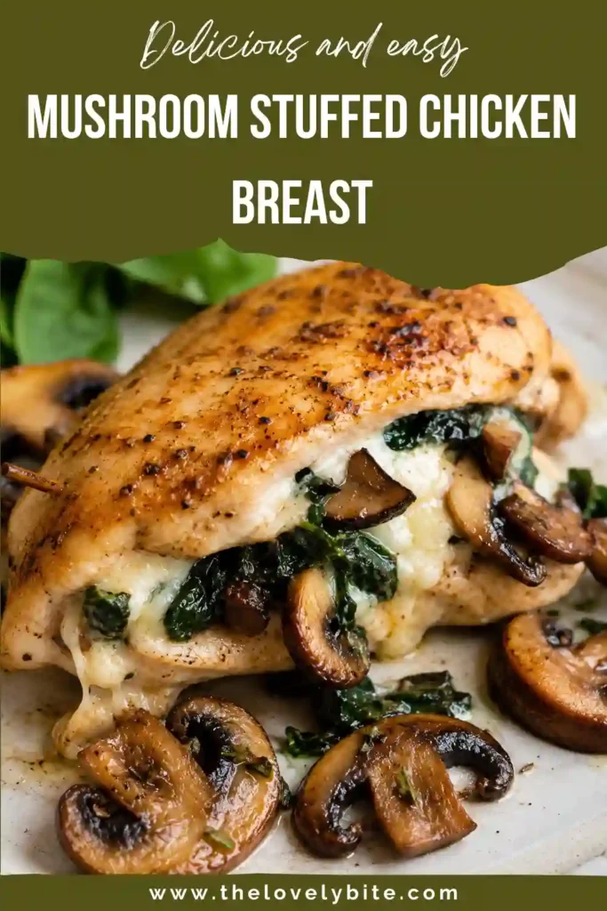 Mushroom stuffed chicken breast served with a flavorful mushroom, spinach, and mozzarella filling. The tender chicken is golden brown and sliced for a close-up view.
