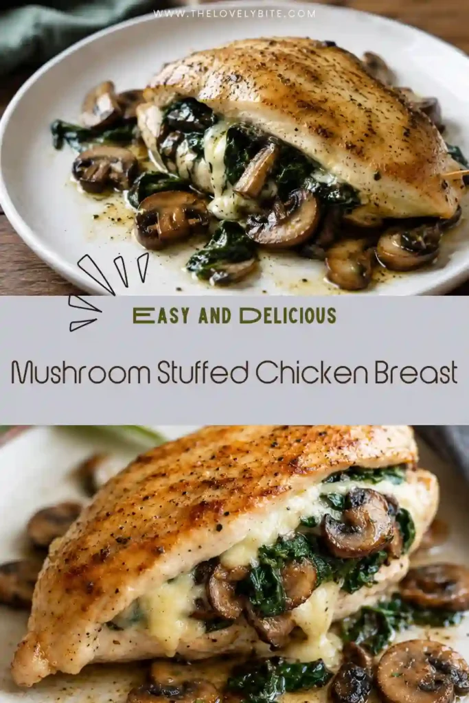 Golden stuffed chicken breast with mushrooms, spinach, garlic, and mozzarella cheese arranged for an easy family dinner. The sliced chicken shows the colorful filling inside.