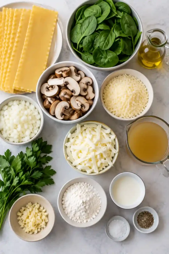 A baked Mushroom and Spinach Lasagna sits in a baking dish with golden melted mozzarella and Parmesan on top. Layers of creamy mushroom sauce, fresh spinach, and lasagna noodles are visible in each slice.
