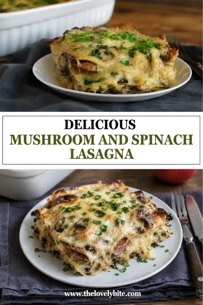 A generous slice of spinach mushroom lasagna is served warm with creamy sauce and melted cheese between layers. Sautéed mushrooms and spinach add color and texture to the vegetarian lasagna.