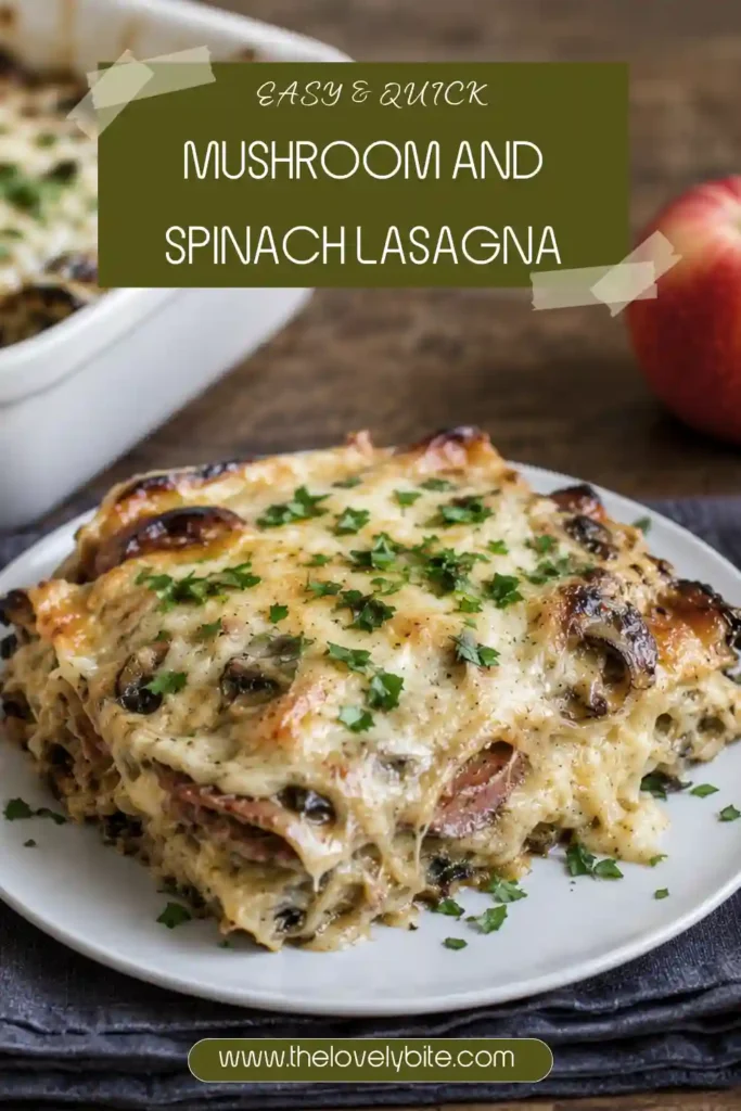A close-up slice of creamy mushroom lasagna shows layers of pasta, spinach, mushrooms, mozzarella, and Parmesan cheese. The top is golden brown with a soft, creamy interior.