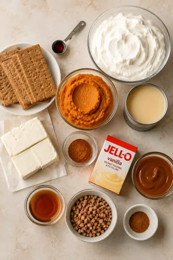 Homemade No Bake Pumpkin Cheesecake Lasagna with creamy pumpkin filling, cinnamon graham crackers, vanilla pudding topping, caramel sauce, and crunchy toffee bits. The festive fall dessert is served chilled with whipped cream.