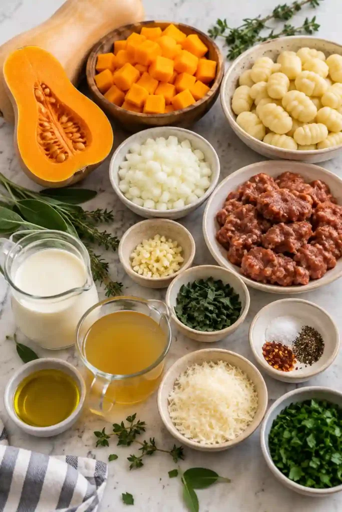 One Pan Butternut Squash Sausage Gnocchi served in a large skillet with tender orange squash, browned beef sausage, and pillowy potato gnocchi. A creamy Parmesan sauce coats the ingredients, finished with fresh parsley and herbs.