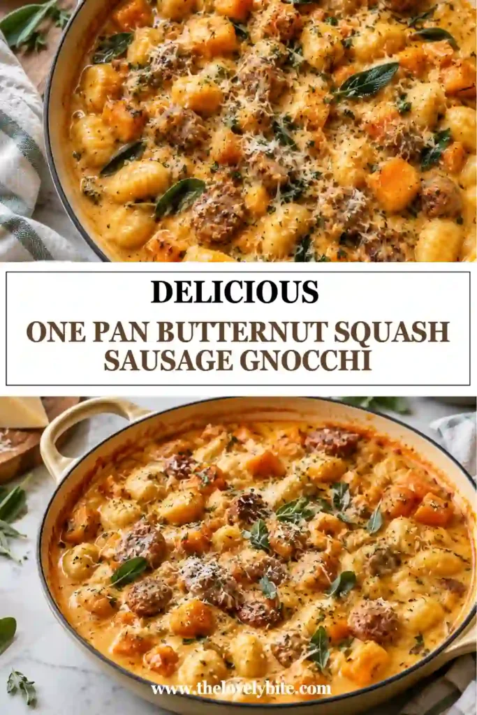 Creamy butternut squash gnocchi with golden beef sausage, tender squash cubes, and a rich garlic Parmesan sauce. Fresh sage and parsley add color to this comforting one-pan fall dinner.