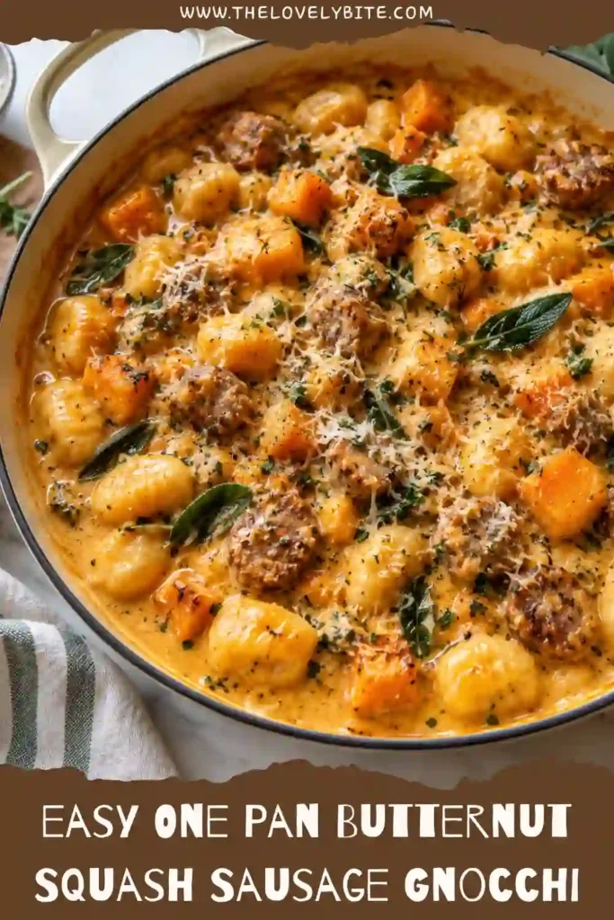 Close-up of a butternut squash sausage skillet filled with soft potato gnocchi, savory beef sausage, and creamy sauce. Tender squash and freshly grated Parmesan create a rich, cozy weeknight dinner.