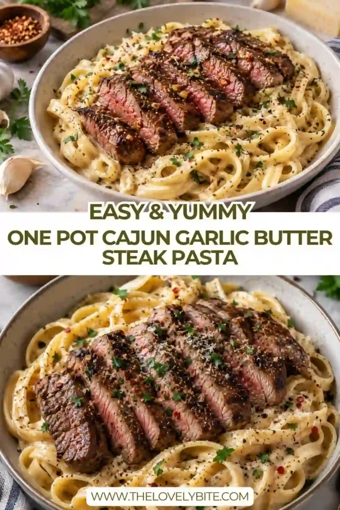 One Pot Cajun Garlic Butter Steak Pasta with tender seared steak and creamy Parmesan sauce in a skillet. The pasta is coated in a rich garlic butter cream sauce and finished with fresh parsley.