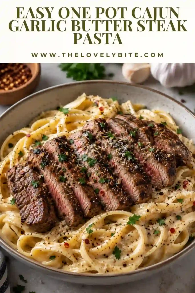 Creamy Cajun steak pasta served with bite-sized seared steak and fettuccine in a Parmesan cream sauce. Garlic, butter, Cajun seasoning, and parsley create a rich and flavorful one pot pasta dish.