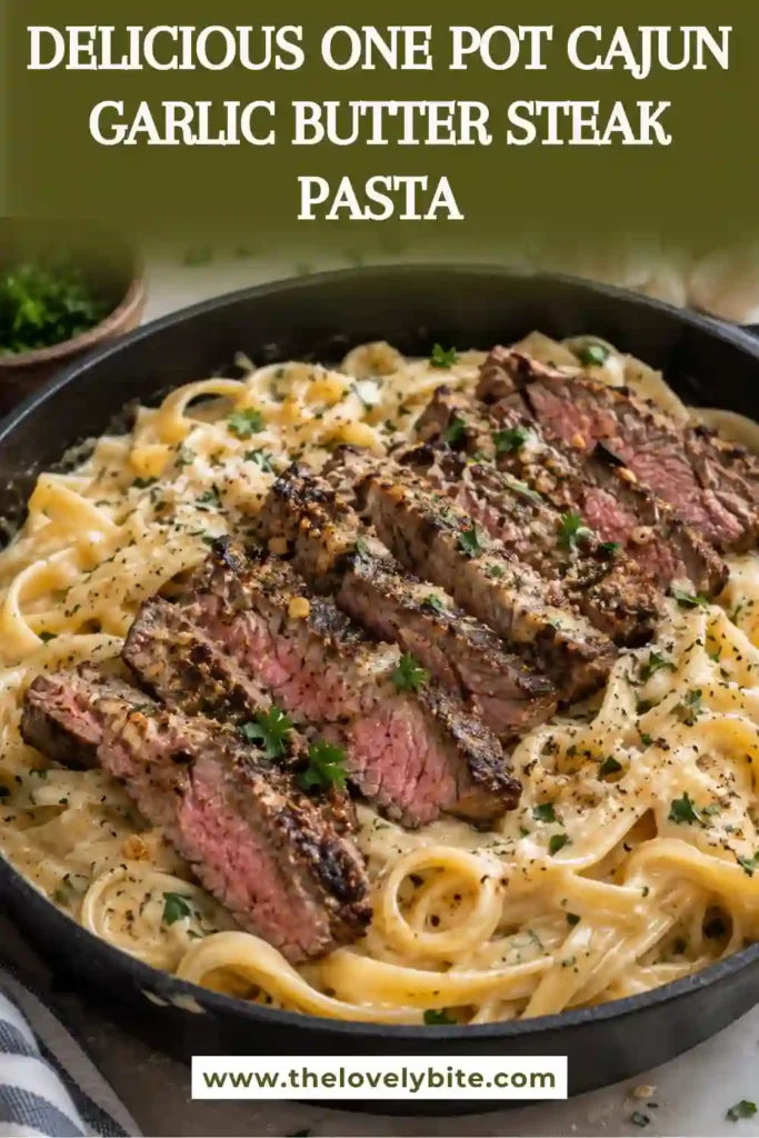 Garlic butter steak pasta featuring juicy seared steak, tender penne, and a creamy Parmesan sauce. The one skillet meal is garnished with fresh parsley and red pepper flakes.