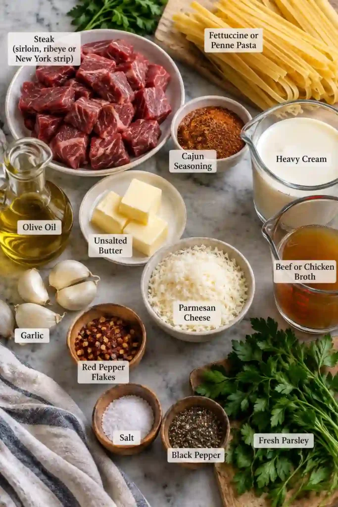 One Pot Cajun Garlic Butter Steak Pasta served hot in a skillet with tender steak and creamy pasta. The rich Parmesan cream sauce coats every piece of pasta while fresh parsley adds color.