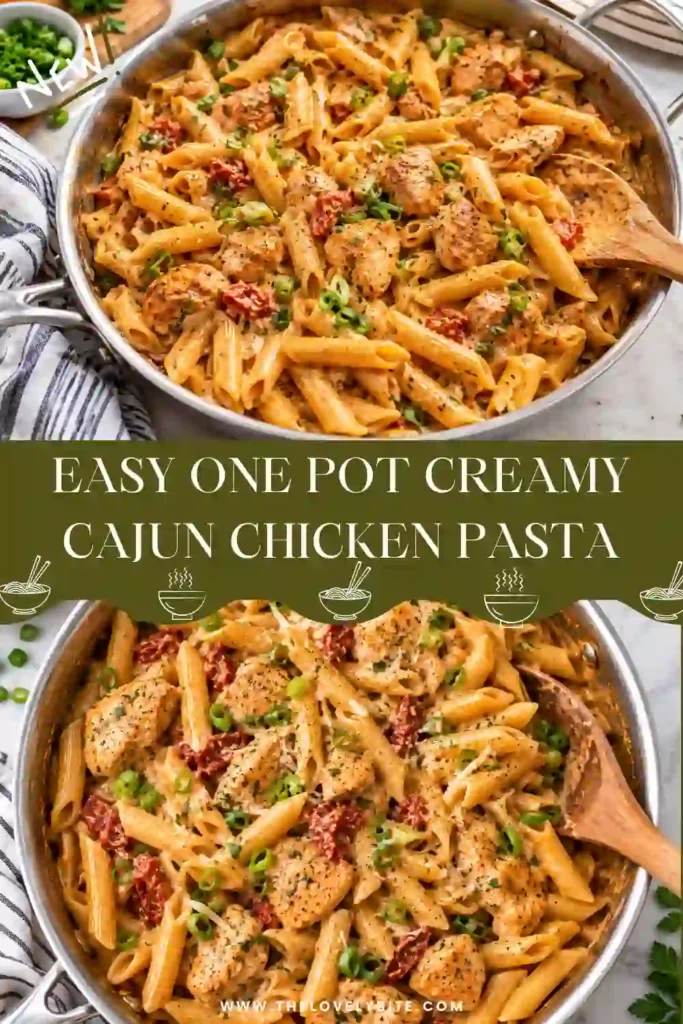 A bowl of one pot creamy Cajun chicken pasta served with tender penne, seasoned chicken, and fresh green onions. This creamy chicken pasta makes a comforting and flavorful family dinner.