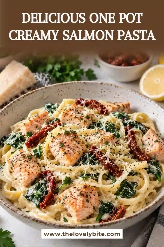 Creamy salmon pasta served with flaky salmon, fettuccine, spinach, garlic Parmesan sauce, and fresh herbs. The dish showcases a rich one pot pasta meal finished with lemon.