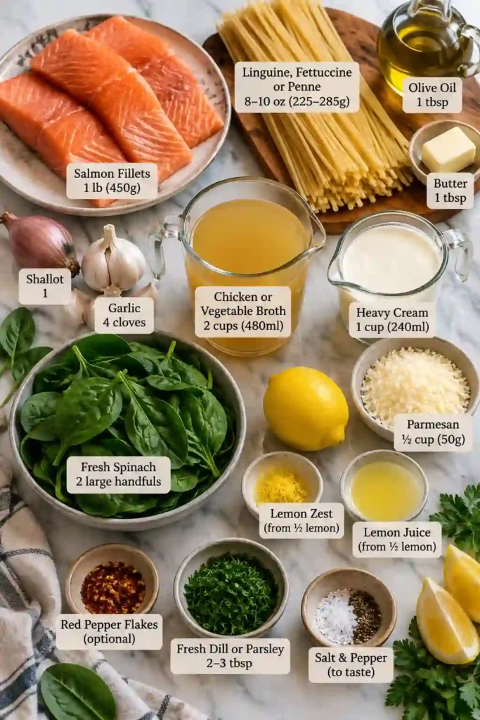 One Pot Creamy Salmon Pasta with tender salmon pieces, linguine, spinach, and creamy Parmesan garlic sauce in a skillet. Fresh herbs and lemon add color and brightness to this comforting salmon pasta recipe.