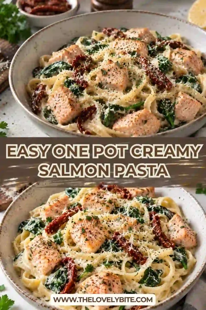 One Pot Creamy Salmon Pasta served hot with salmon cubes, creamy Parmesan sauce, spinach, and fresh dill. The easy salmon dinner is finished with lemon wedges and extra Parmesan.