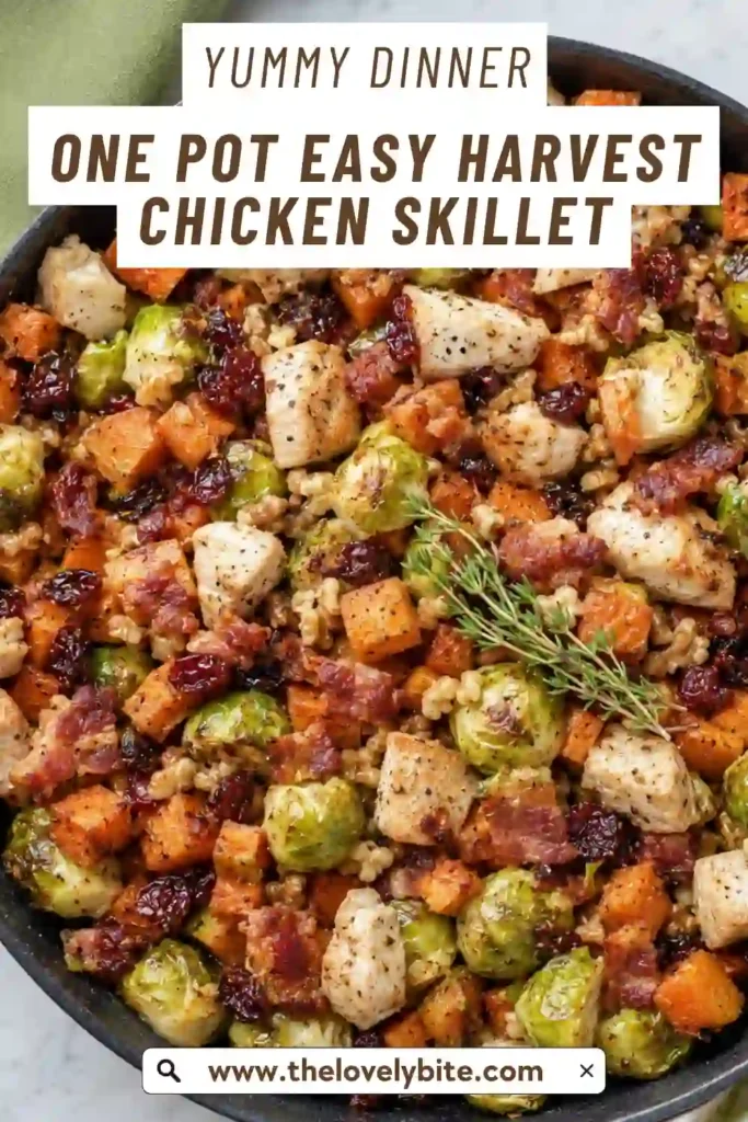 A close-up view of One Pot Easy Harvest Chicken Skillet showing tender chicken pieces, golden sweet potatoes, halved Brussels sprouts, and fresh apple. Walnuts and dried cranberries are scattered throughout the skillet.
