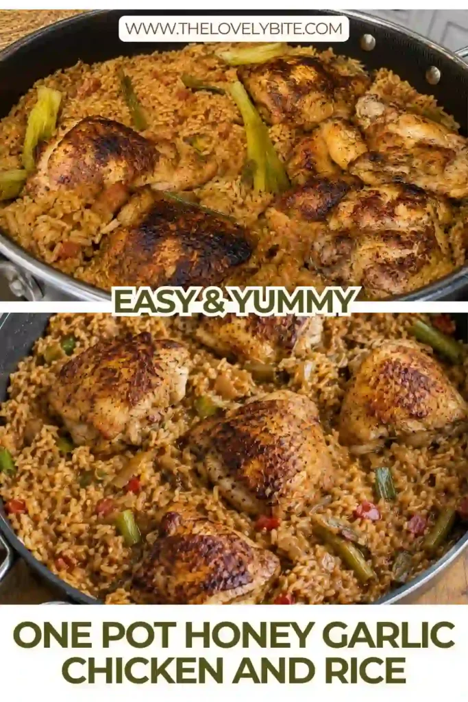 One Pot Honey Garlic Chicken and Rice served in a skillet with golden-brown chicken thighs and fluffy jasmine rice. The dish is finished with chopped green onions and toasted sesame seeds for a colorful, savory presentation.