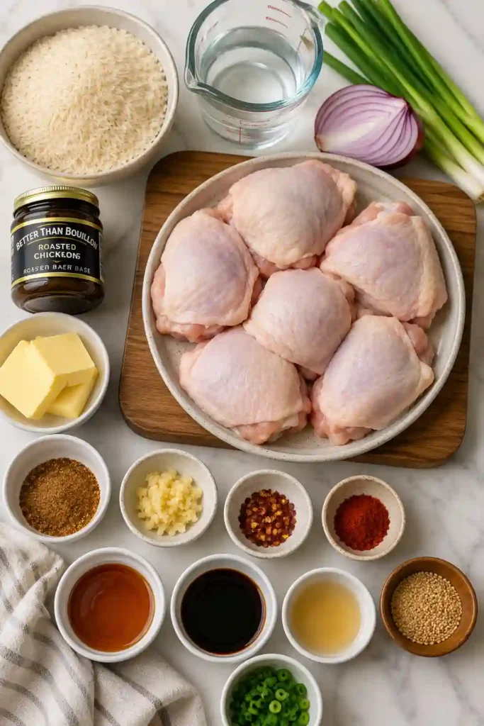 Close-up of garlic honey chicken thighs served with flavorful jasmine rice and green onions. The chicken has crisp golden skin and a glossy honey garlic coating.