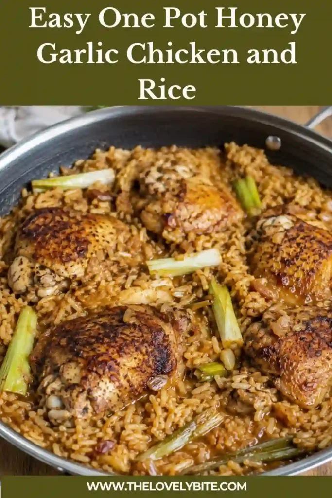 Honey garlic chicken thighs served over tender jasmine rice in a large skillet. The rice is infused with garlic, soy sauce, honey, onion, and savory chicken juices.