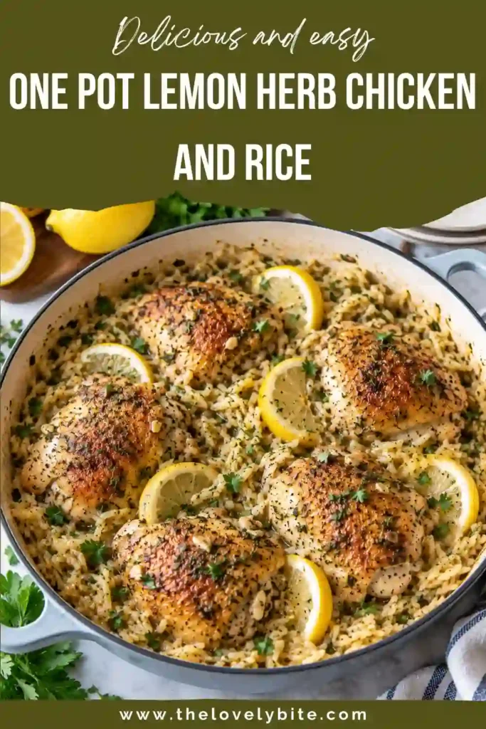 Close-up of tender lemon herb chicken breast served over fluffy, seasoned white rice. Fresh herbs and lemon wedges complement this easy one pan chicken and rice recipe.