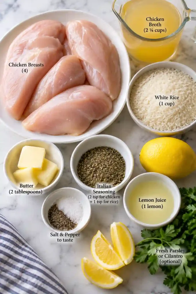 One Pot Lemon Herb Chicken and Rice served in a skillet with golden chicken breasts resting on fluffy, lemon-infused white rice. Fresh parsley and lemon wedges add a bright finishing touch to this easy chicken dinner.