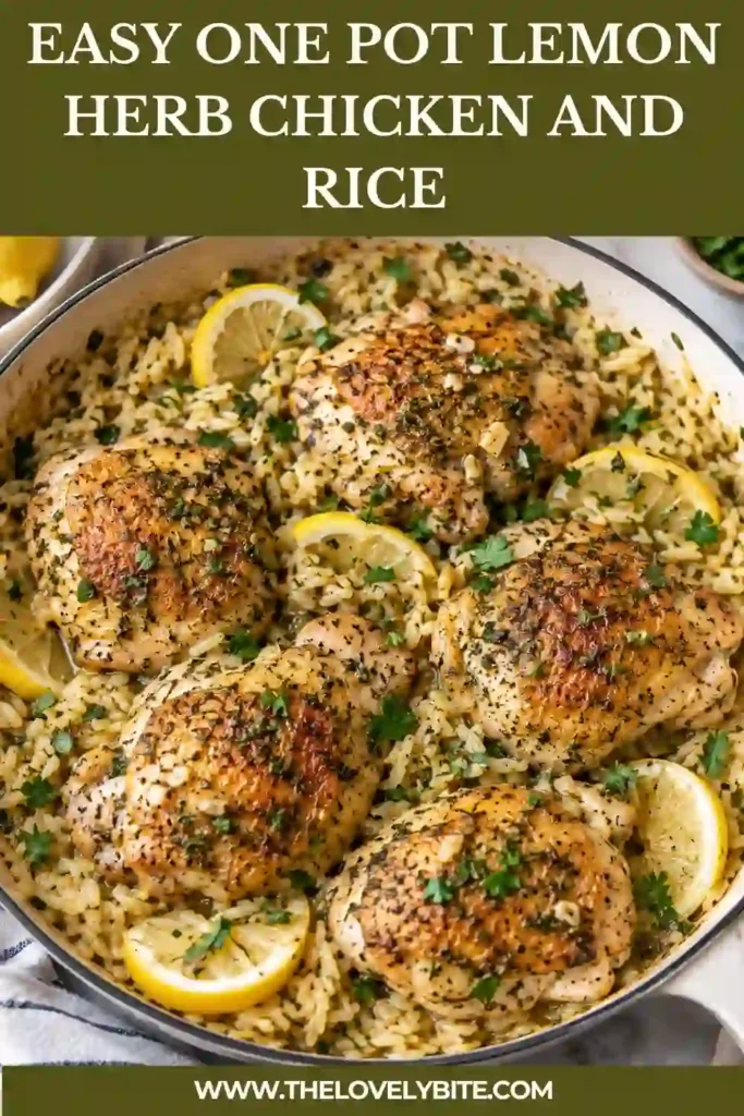 A serving of lemon herb chicken and rice arranged on a dinner plate with fresh parsley and lemon wedges. The golden chicken and fluffy rice create a simple, satisfying family-friendly chicken dinner.