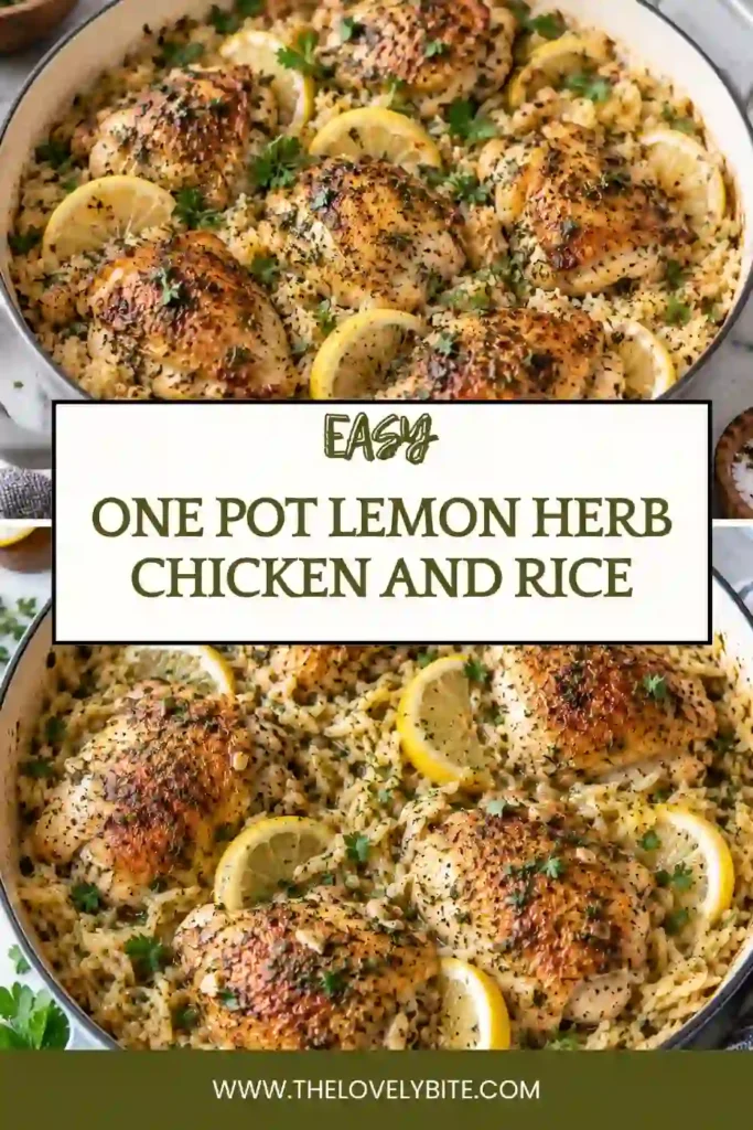 Overhead view of a skillet filled with golden chicken breasts and fluffy white rice seasoned with lemon and Italian herbs. Fresh parsley and lemon wedges complete this one pot chicken dinner.