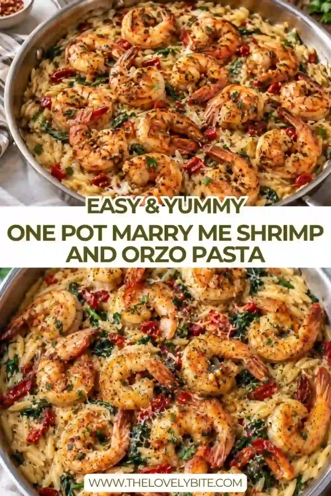 A creamy skillet of One Pot Marry Me Shrimp and Orzo Pasta topped with tender shrimp, spinach, Parmesan, and sun-dried tomatoes. The golden orzo is coated in a rich, creamy sauce with fresh herbs scattered over the top.