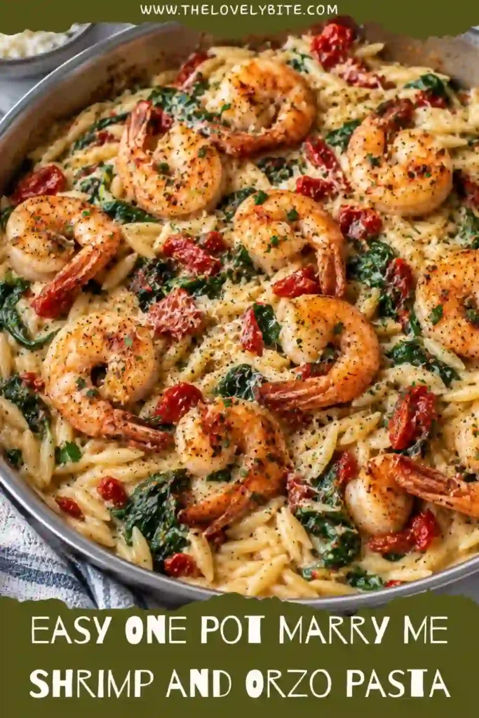 One Pot Marry Me Shrimp and Orzo Pasta served in a skillet with juicy shrimp and creamy Parmesan orzo. Garlic, spinach, and sun-dried tomatoes add vibrant color and rich Italian-inspired flavor.