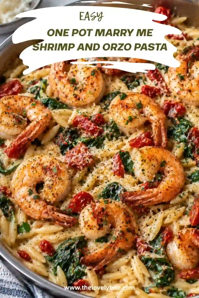 Creamy shrimp orzo featuring tender pink shrimp, wilted baby spinach, sun-dried tomatoes, and grated Parmesan. The one-pot pasta has a rich golden sauce and is garnished with fresh herbs.