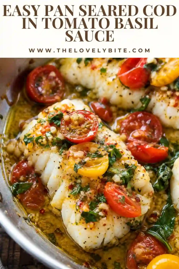 Golden pan-seared cod fillet covered with warm cherry tomato basil sauce and fresh herbs. This easy cod dinner features tender white fish with garlic and lemon.