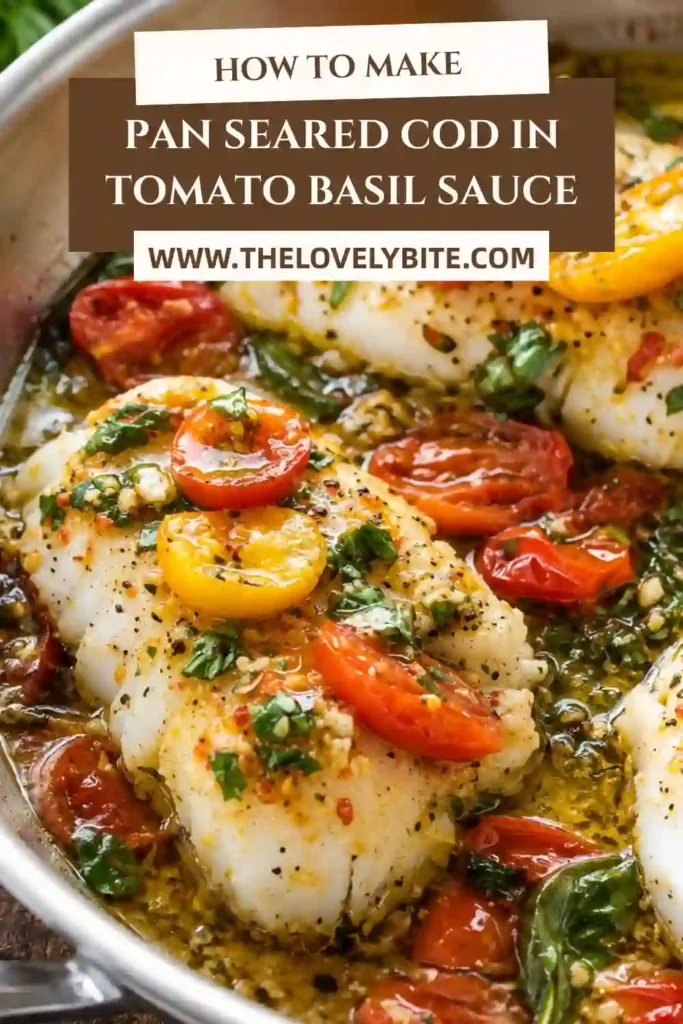Tomato basil cod served in a skillet with blistered cherry tomatoes, fresh basil, and lemon. The flaky pan-seared fish has a lightly golden exterior and colorful tomato sauce.