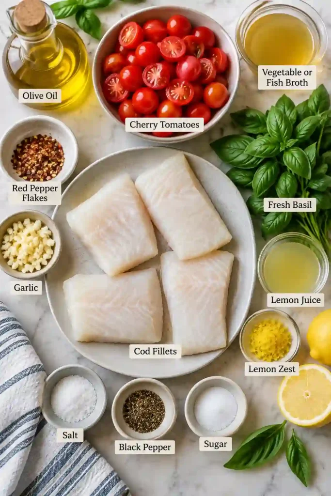 Pan-seared cod with cherry tomatoes, garlic, lemon, and fresh basil in a savory sauce. This healthy fish dinner features tender cod surrounded by vibrant Mediterranean-inspired ingredients.