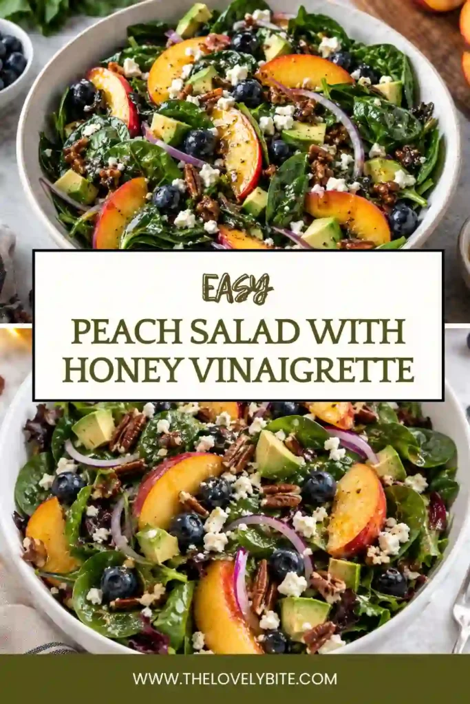 A fresh peach salad with honey vinaigrette featuring sliced peaches, blueberries, avocado, feta, pecans, and spring mix in a serving bowl. The colorful ingredients create a bright and refreshing summer salad.