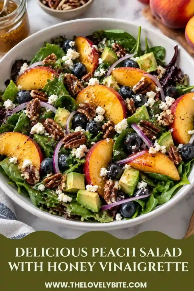 A colorful summer peach salad made with fresh peaches, blueberries, avocado, red onion, feta, and chopped pecans. The salad is lightly dressed with a sweet and tangy honey vinaigrette.