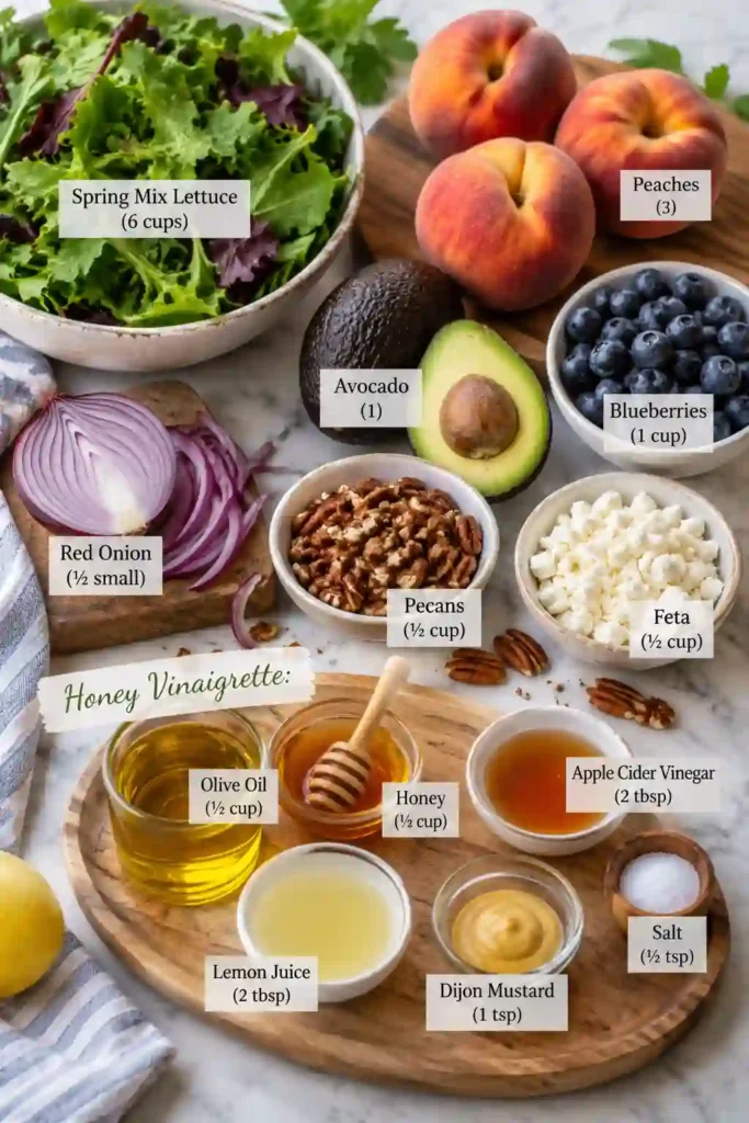 Fresh fruit salad with feta featuring sliced peaches, blueberries, avocado, spring greens, red onion, and pecans. A homemade honey vinaigrette coats the ingredients for a refreshing summer dish.